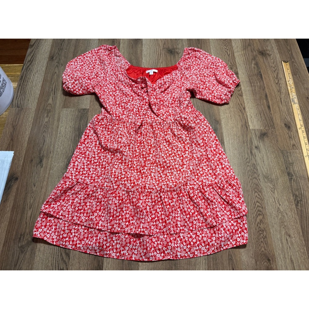 LC Lauren Conrad Dress Womens Size M Red Floral Mini Dress Puff Sleeve Ruffle